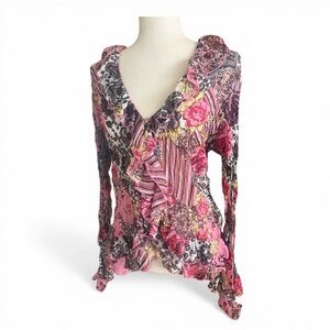 Y2K Patchwork Pink Floral Kaelyn-Max Low V Neck Blouse XL